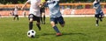 Two Kids Playing Football Ball on Grass Field. Happy School Boys Kicking Ball During Tournament Game Royalty Free Stock Photo