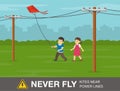 Two kids playing near power lines. Never fly kites close to power lines warning design.