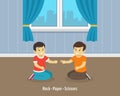 Two kids playing rock paper scissors game at home.