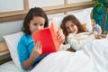 Two kids reading story book sitting on bed at bedroom Royalty Free Stock Photo