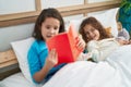 Two kids reading story book sitting on bed at bedroom Royalty Free Stock Photo