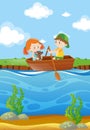 Two kids row boat in river Royalty Free Stock Photo