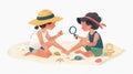 Two kids sitting on beach towels using a magnifying glass to examine a seashell they found. They whisper excitedly to Royalty Free Stock Photo