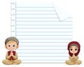 Two kids sitting by a blank notebook page Royalty Free Stock Photo