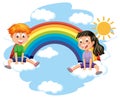 Two kids sitting cloud with rainbow