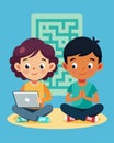Two kids sitting side by side each with a tablet in front of them playing a coding game where they must input commands
