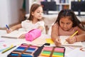 Two kids students sitting on table drawing on notebook paper at classroom Royalty Free Stock Photo