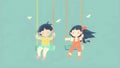 Two kids swing side by side their hair flying in the wind and their faces filled with glee