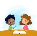 Two kids talking and discuss book in library. Royalty Free Stock Photo