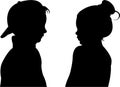 Two kids talking, head body part silhouette vector