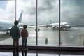 Two kids watch through the airport window for a large standing plane