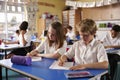 Two kids working at desks in a primary school classroom Royalty Free Stock Photo