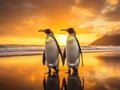 Two king penguins lonely on sunrise at beautiful beach in South Georgia. Early morning, daybreak, Antarctica. Royalty Free Stock Photo