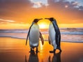 Two king penguins lonely on sunrise at beautiful beach in South Georgia. Early morning, daybreak, Antarctica. Royalty Free Stock Photo