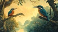 Two Kingfishers on Branches at Sunset River Landscape Royalty Free Stock Photo