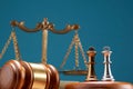 two kings chess piece ,lgavel hammer and libra scale Royalty Free Stock Photo