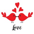 Two kissing bird family couple. Three red heart set. Happy Valentines Day. Word Love text Greeting card. Cute cartoon character se Royalty Free Stock Photo