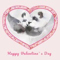 Two kissing pandas in heart shaped frame with small flowers. Sign Happy Valentine`s day. Watercolor painting. Hand drawn. Royalty Free Stock Photo
