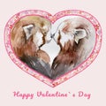 Two kissing red pandas in heart shaped frame with small flowers. Sign Happy Valentine`s day. Watercolor painting. Royalty Free Stock Photo