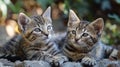 Two kittens laying on a rock looking at the camera, AI Royalty Free Stock Photo