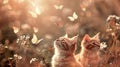 Two kittens looking at butterflies in a field Generative AI