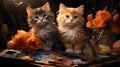 Two kittens with a palette of paints and brushes on a dark background