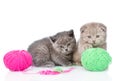 Two Kittens Playing With A Ball On White Background