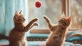 Two kittens playing with a red ball on the bed, AI Royalty Free Stock Photo