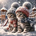 Two kittens puppies playing in the snow