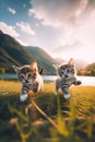 Two kittens running in the grass near a body of water. Generative AI image. Royalty Free Stock Photo