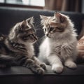 Two kittens sitting on a couch looking at each other Royalty Free Stock Photo