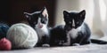 Two kittens sitting next to a ball of yarn. AI generative image.