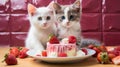 Two kittens are sitting on a plate with strawberries and cream, AI Royalty Free Stock Photo