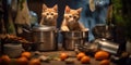Two kittens sitting in pots and pans on a table. Generative AI image. Royalty Free Stock Photo
