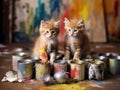 Two kittens sitting on top of cans of paint. Generative AI image.