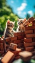 Two kittens sitting on top of a pile of bricks. Generative AI image.