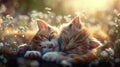 Two kittens sleeping in the grass with flowers Royalty Free Stock Photo