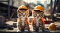 Two kittens wearing hard hats on a construction site. Generative AI image. Royalty Free Stock Photo