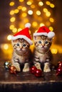 Two kittens wearing Santa hats sit in front of Christmas ball tree. Generative AI Royalty Free Stock Photo
