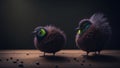 Two kiwi birds on a wooden table with black background