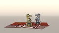 Two knight chess pieces standing on american flag and china flag