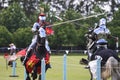 Two medieval knights confront during jousting tournament