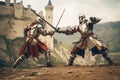 Two knights fighting to death at battlefield. Generative AI