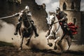 Two knights riding horses galloping against castle. Generative AI Royalty Free Stock Photo