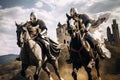 Two knights riding horses galloping dramatic scene. Generative AI Royalty Free Stock Photo