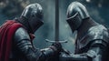 Two knights with swords face to face, confrontation, battle, bravery, clash, close-quarters combat Royalty Free Stock Photo