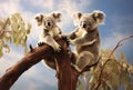 two koala bears on top of a tree