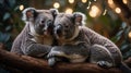Adorable Koala Couple Embracing on Tree Branch at Night Royalty Free Stock Photo