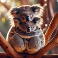 Two koalas that are hugging each other on a tree branch Royalty Free Stock Photo