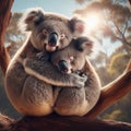 Two koalas that are hugging each other on a tree branch Royalty Free Stock Photo